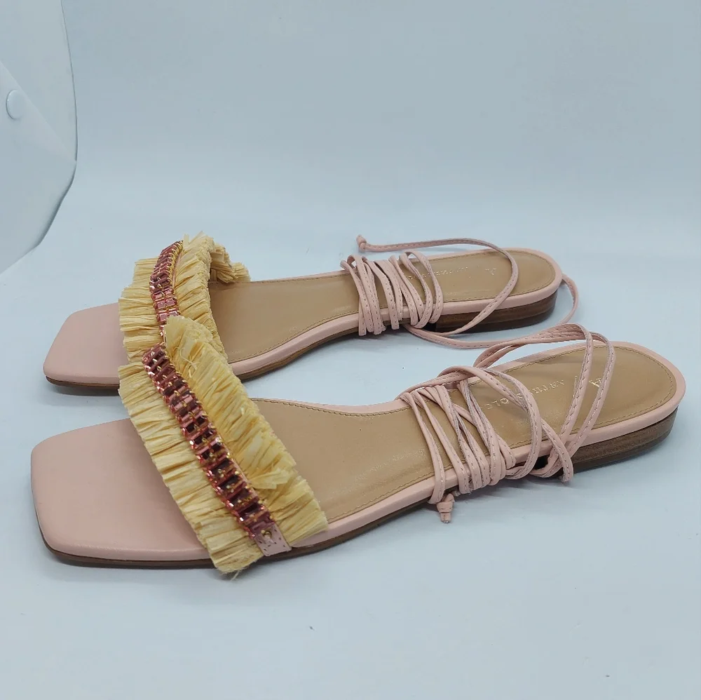 Anthropologie Embellished Tie Up Pink/Rose Raffia Square Toe Sandals Sz 39 US8.5